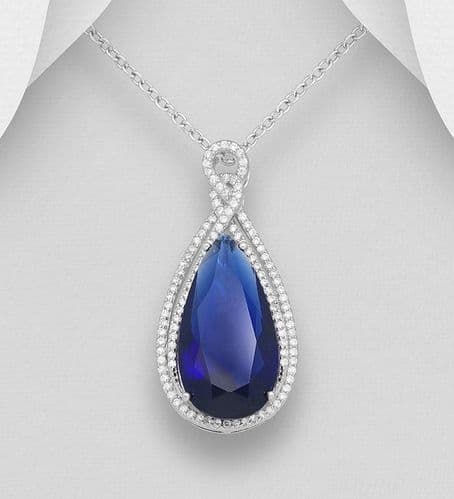 925 Sterling Silver Pear Shaped Blue Stone Pendant & Chain